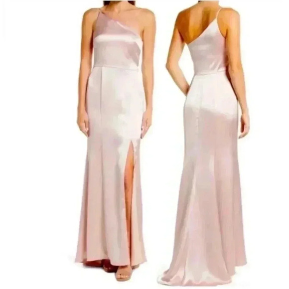NWT Amsale Kai One shoulder Satin Gown Bridal dress Rose quartz size 4